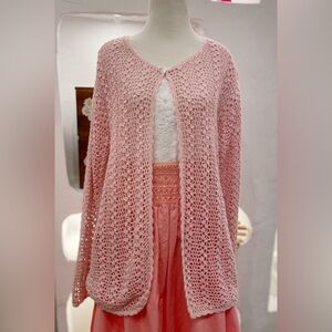 Vintage Pink Crochet Top Button Long Sleeve Viscose Cotton See Through Cardigan